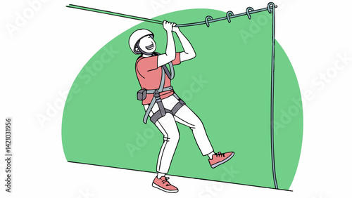 Cartoon Person Ziplining Outdoor Adventure Activity Helmet Harness Fun