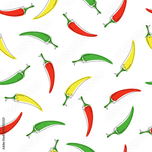 Multicolored chili peppers on a seamless white background. Vector illustration, hand-drawn, flat design. Element, background for design, packaging, textiles, wrapping paper. Bright spicy vegetable