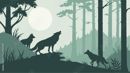 Night Forest Scene with Howling Wolves Silhouette Vector