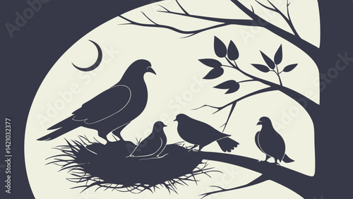 Bird Family Nest Silhouette Moonlight Night Vector Illustration