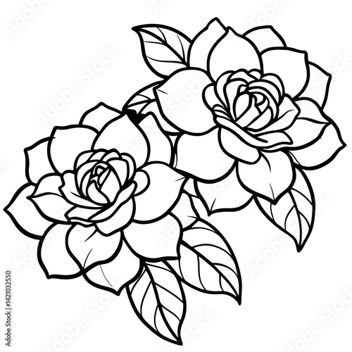 Elegant Gardenias Line Art: Two exquisite gardenias, rendered in elegant line art, showcase their delicate petals and lush leaves. Perfect for adding a touch of sophistication to any design.