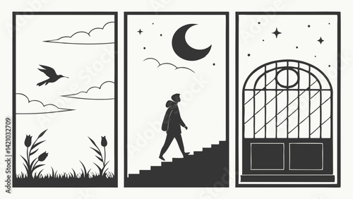 Minimalist Black and White Journey Illustration Bird Clouds Moon Stars Gate Art
