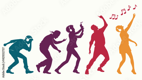 Music Evolution Dancing Figures with Headphones Cassette Smartphone Vector Art