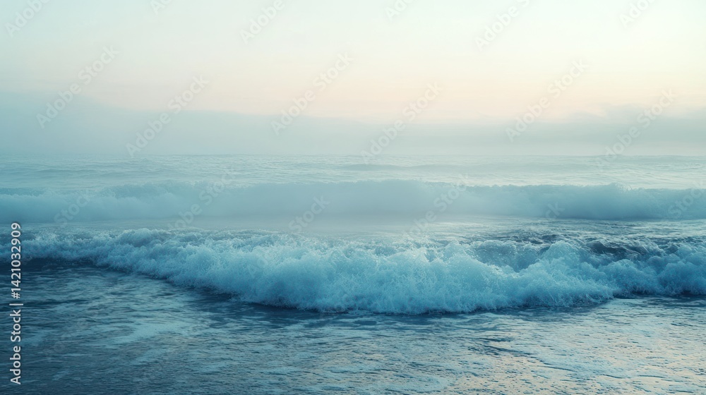 Fototapeta premium Dreamy coastal vista showcasing rolling waves under a soft hazy sky backdrop