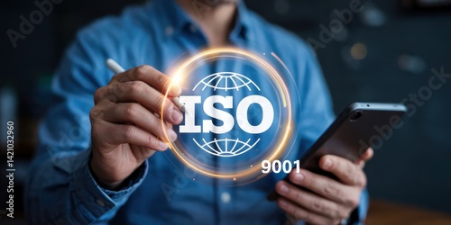 ISO 9001 standard displayed on a globed hologram.