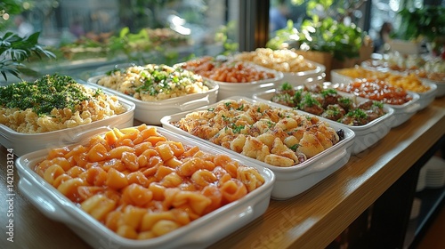 Colorful display of various pasta dishes on a wooden table in a vibrant restaurant setting