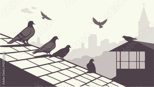 Urban Pigeons on Roof Tiles Graphic Illustration Cityscape Silhouette