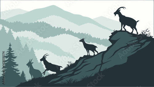 Layered Blue Mountain Landscape with Goat Silhouettes Vector Art