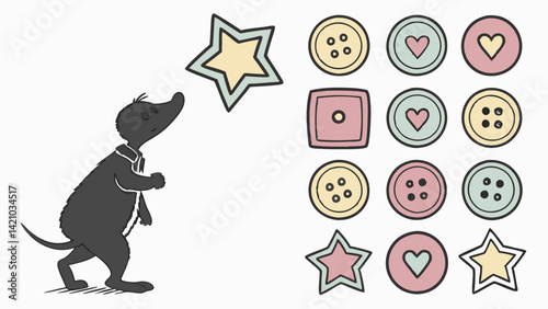 Cute Cartoon Puppy Star Heart Circle Square Sewing Buttons Kids Illustration