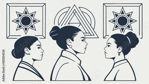 Women Profiles Line Art Geometric Sun Triangle Black and White Illustration
