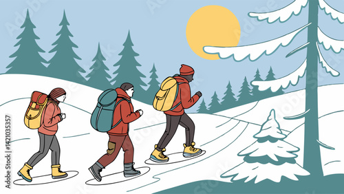 Sunny Winter Snowshoe Hike in Mountain Forest Vector Illustration