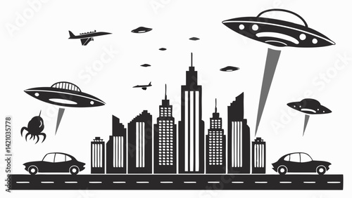 Sci-Fi Alien Invasion of Urban Cityscape with UFOs Vector Illustration