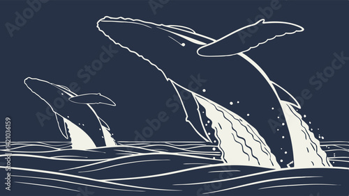 Humpback Whales Breaching Ocean Waves Vector Line Art Marine Illustration