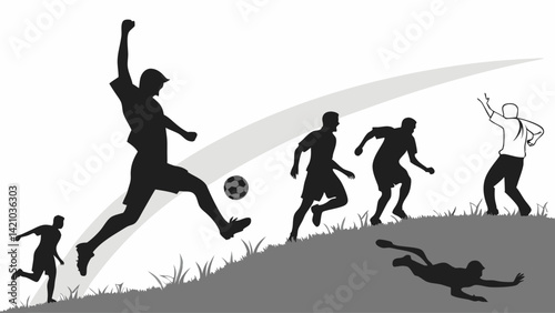 Silhouette Football Players Soccer Kick Ball Grassy Hill