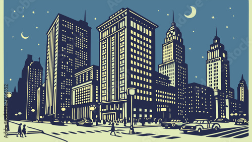 Vintage Art Deco Night Cityscape Urban Scene Cars People