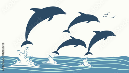 Dolphins Jumping Silhouette Vector Ocean Marine Illustration