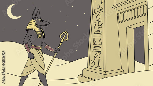 Anubis Egyptian God Jackal Guardian of Tombs Desert Night Moon Hieroglyphs Cartoon Illustration