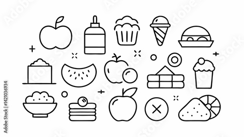 Vector illustration of food and beverage icons in editable line style, great for cooking apps, restaurant websites, and nutrition-related designs.