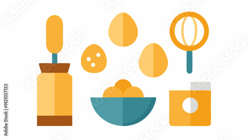 Food and kitchen sticker icons in vector line style with items like egg yolks and whisks, perfect for recipe apps and culinary-themed branding.