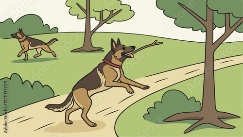 Cartoon German Shepherd Dogs Playing Fetch Stick Park Illustration