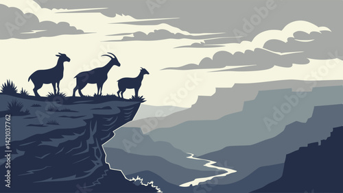 Mountain Goats on Cliff Edge Scenic Canyon Vista Vector Art Image