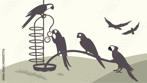 Parrot Silhouettes Bird Feeder Black White Art