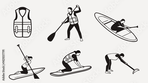 Paddleboarding Safety Techniques Vector Black and White Illustrations