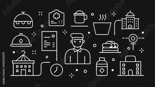 Line icon set for hotels and hospitality with editable vector illustrations of front desks, bell services, and travel accommodations for tourism-related design