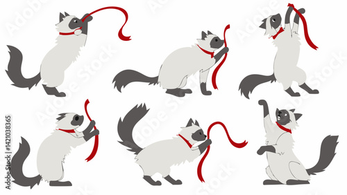Cute Cartoon Cats Red Ribbon Poses Vector Art