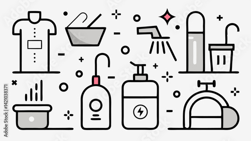 House cleaning icon set in editable line style with tools and equipment for janitorial services, perfect for home maintenance app UI and cleaning service websites