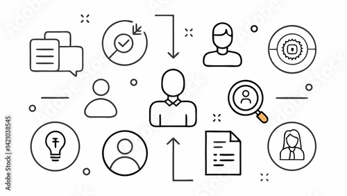 Editable line icons for human resources with team management, recruitment, and office workflow visuals for enterprise UI kits and employee engagement platforms