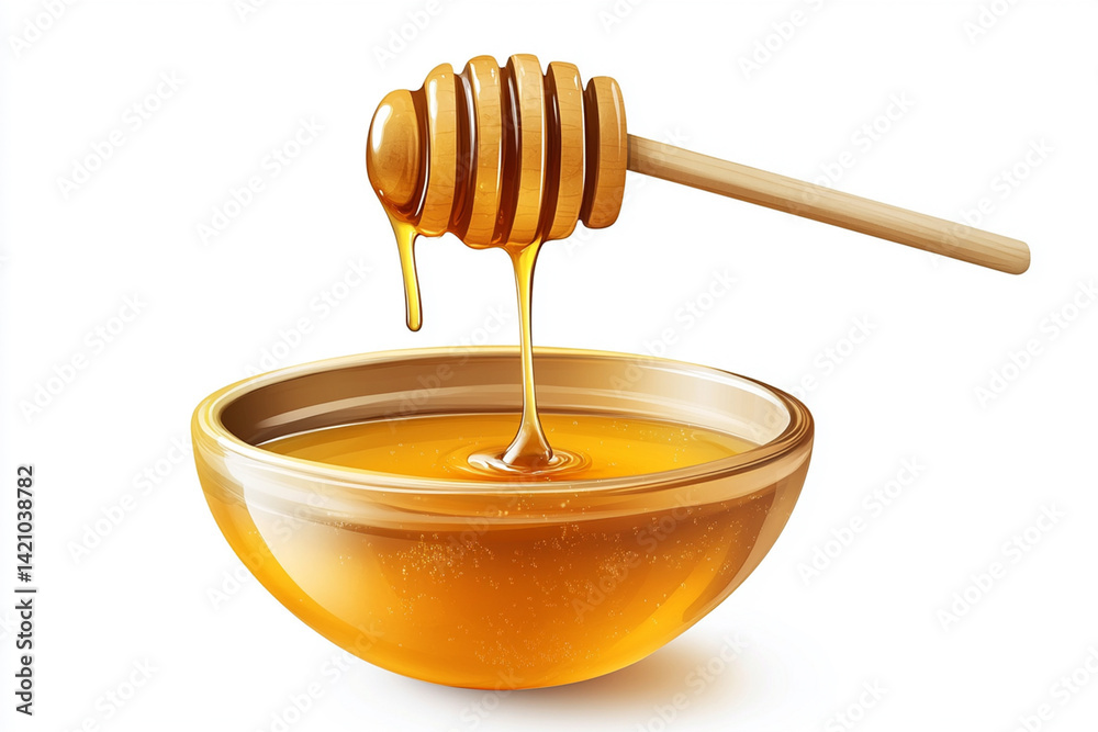 Honey stick and bowl of pouring honey Honey stick and bowl of pouring honey
