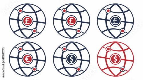 Vector Global Currency Icons Pound Euro Dollar Red Blue Finance