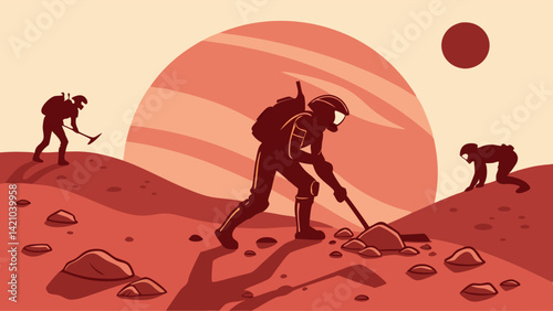 Cartoon Mars Mining Astronauts Digging Red Planet Surface with Pickaxes