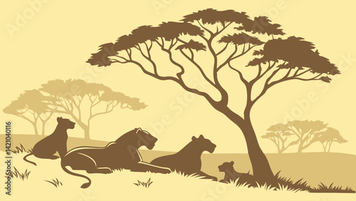 African Savanna Lions Resting Under Acacia Trees Silhouette Wildlife Scene