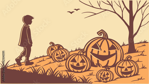 Vintage Halloween Pumpkin Patch Illustration Boy Carved Jack-o'-lanterns Bats Tree Spooky Fall