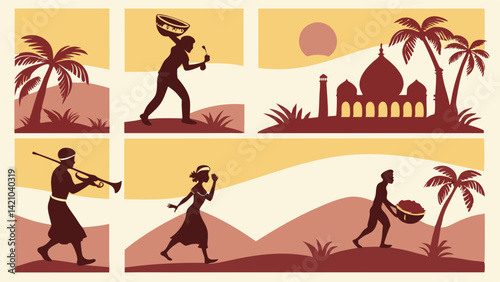 Vintage Retro Desert Musicians Palm Trees Folk Vector Art