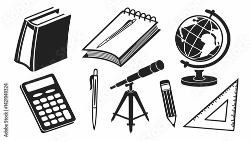 Black and White School Education Study Supplies Vector Icons Book Notebook Globe Calculator Pen Pencil Ruler Telescope