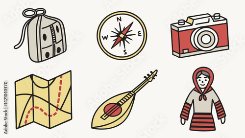 Doodle Cartoon Travel Icons Backpack Compass Camera Map Mandolin Person
