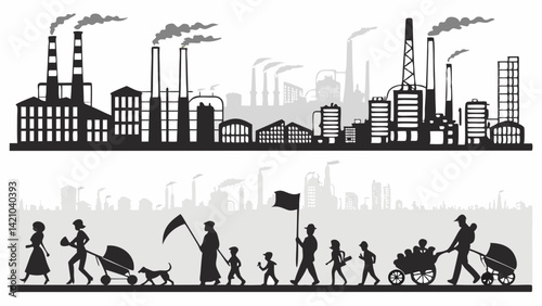 Silhouette Industrial Cityscape People Leaving Factories