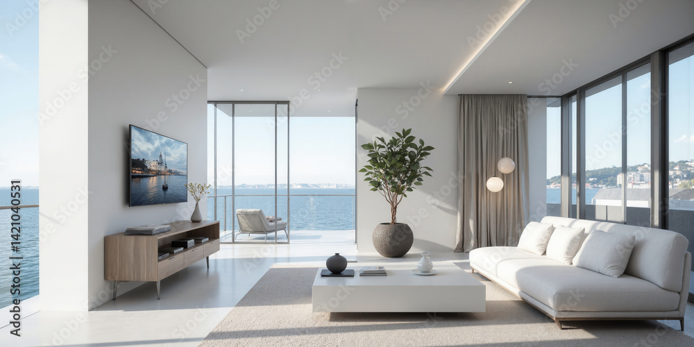 Fototapeta premium Modern Living Room Sea View Luxury modern white living room with sofa TV plant ocean view
