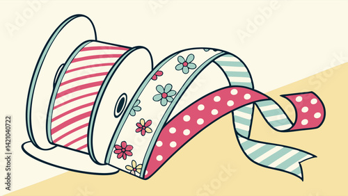 Illustrated Ribbon Rolls Set Stripes Floral Polka Dots Crafting Scrapbooking Supplies
