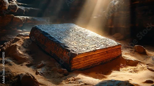 Ancient book in desert cave, light rays