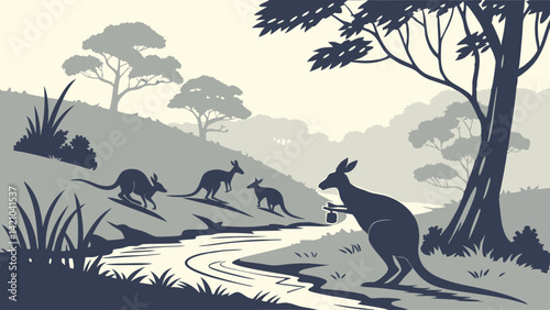 Australian Outback Kangaroos Hopping by River Vector Silhouette Landscape Wildlife