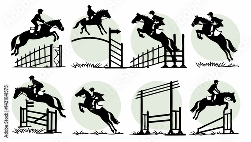 Equestrian Show Jumping Silhouettes Vector Graphic Black and White