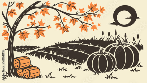 Retro Fall Harvest Scene Pumpkins Hay Bales Orange Leaves Moon Tree Autumn Art