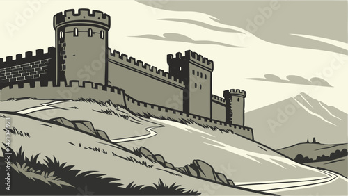 Medieval Cartoon Castle Wall on Hill Fortress Landscape Art