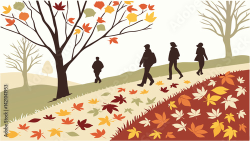 Autumn Fall Walk People Silhouettes on Leafy Path with Colorful Trees Scenery Vector Illustration