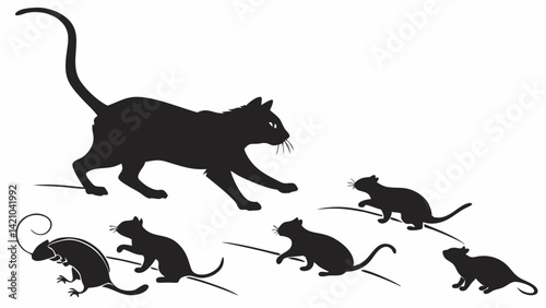 Black Cat Silhouette Hunting Mice Image Graphic Predator and Prey Nature Animal Chase Scene
