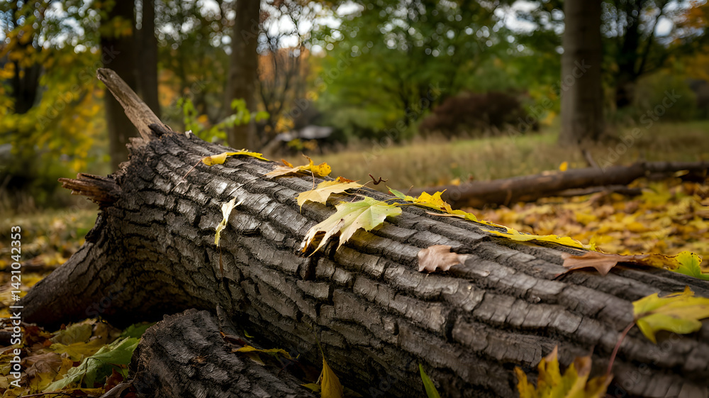 Fallen Tree Trunk Covered with Colorful Autumn Leaves in a Serene Park Setting Fallen Tree Trunk Covered with Colorful Autumn Leaves in a Serene Park Setting
